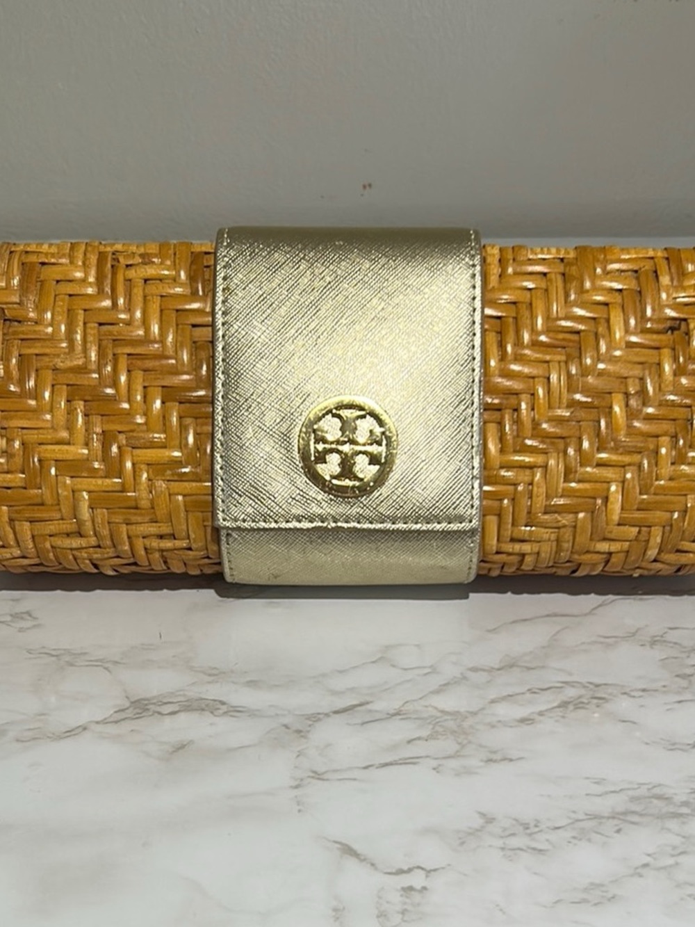 Tory Burch Yellow Woven Straw Clutch with Gold-Tone Tab